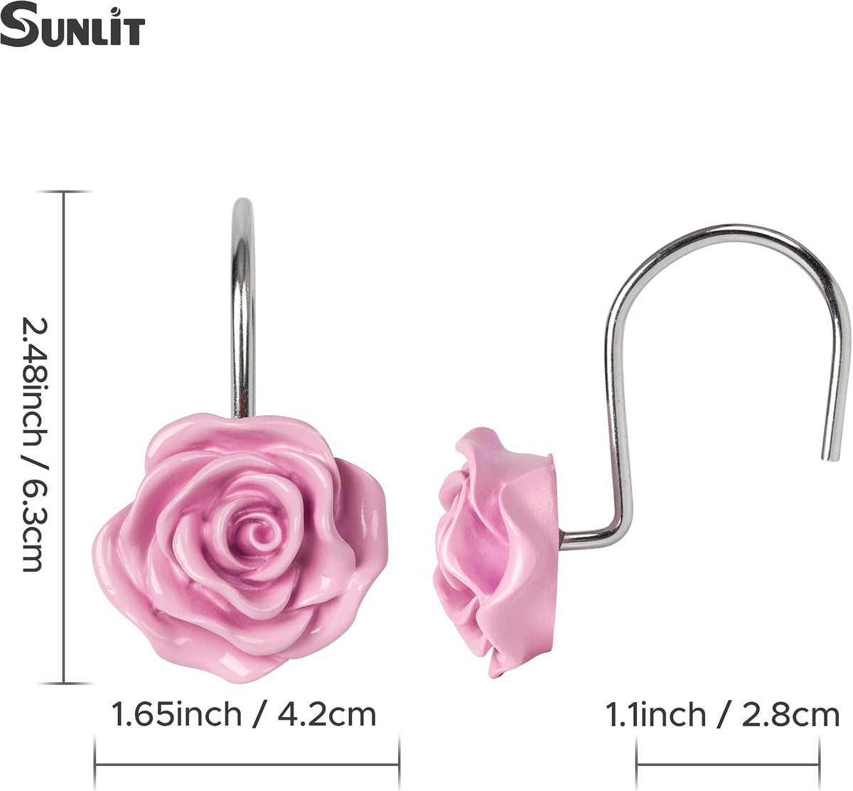 Rose Shower Curtain Hooks, Home Decorative Flower Shower Curtain Rings for Bathroom, Resin, Pink Floral Shower Curtain Hanger Hooks for Living Room, Set of 12