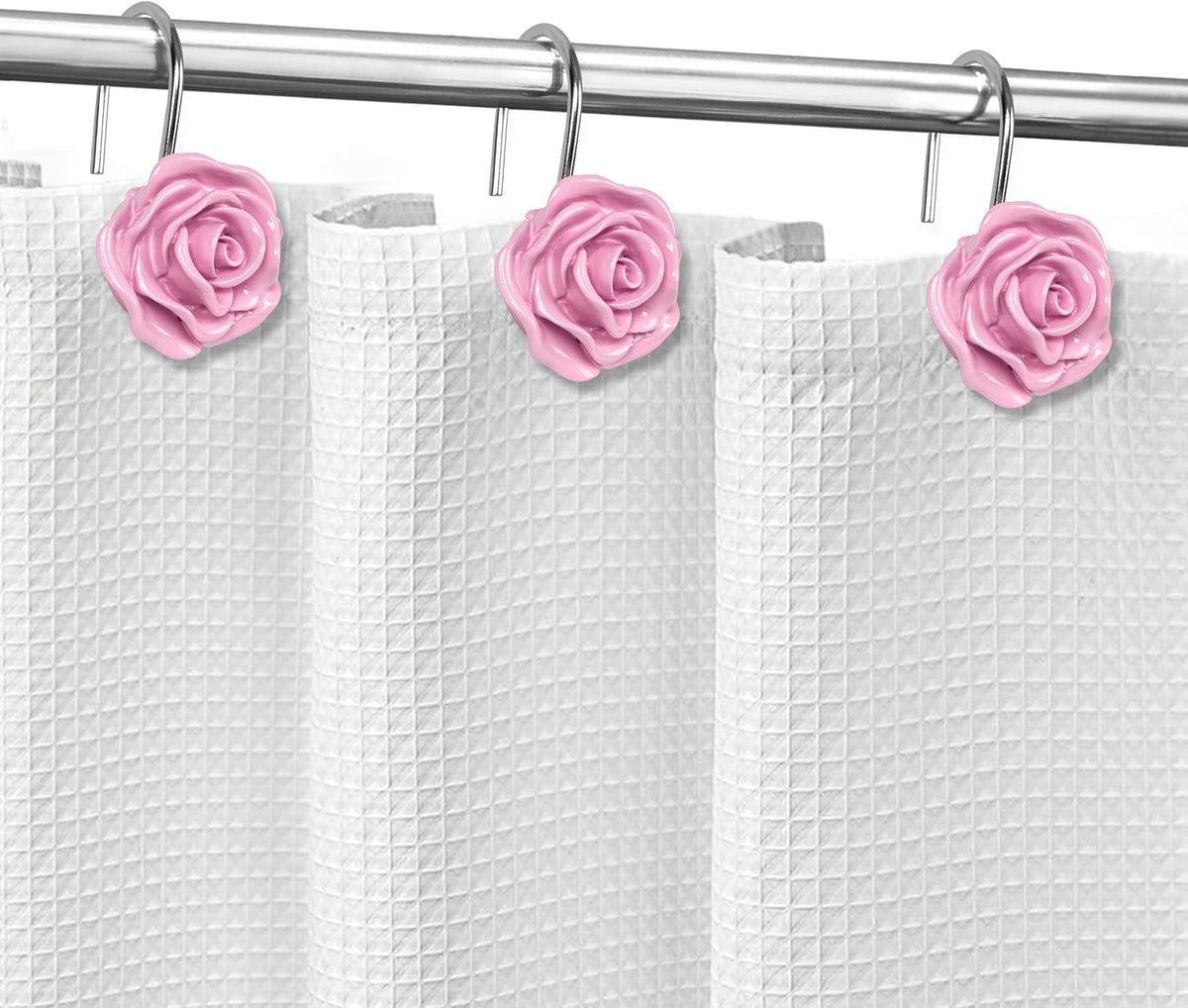 Rose Shower Curtain Hooks, Home Decorative Flower Shower Curtain Rings for Bathroom, Resin, Pink Floral Shower Curtain Hanger Hooks for Living Room, Set of 12