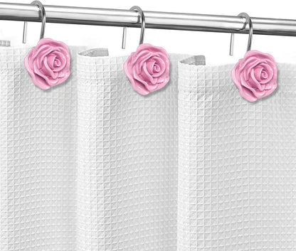 Rose Shower Curtain Hooks, Home Decorative Flower Shower Curtain Rings for Bathroom, Resin, Pink Floral Shower Curtain Hanger Hooks for Living Room, Set of 12