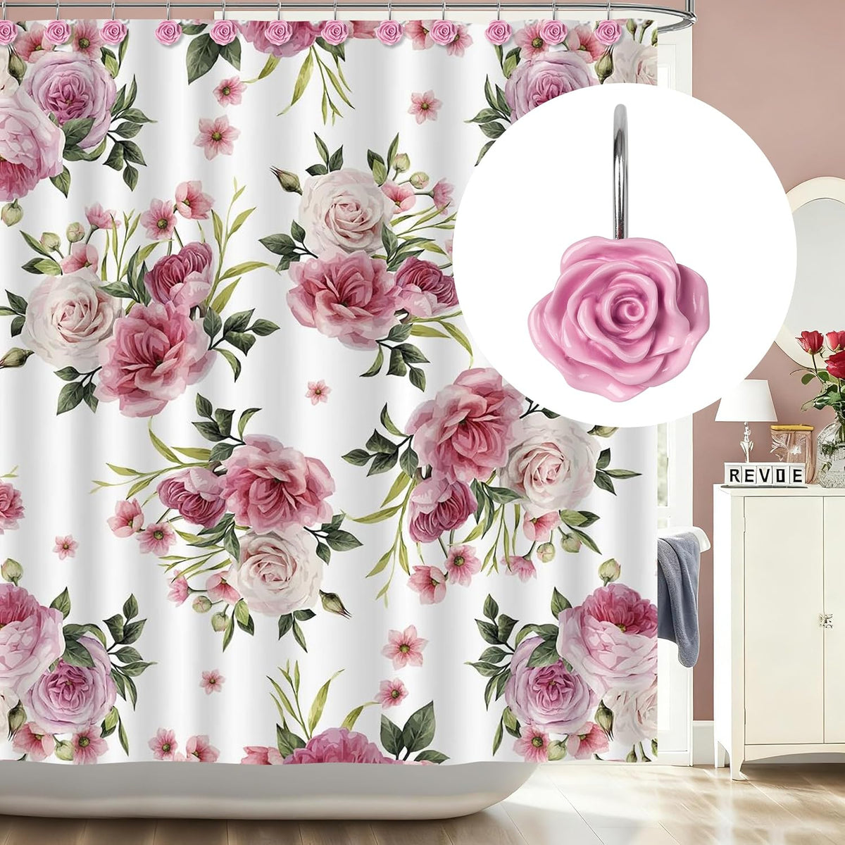 Rose Shower Curtain Hooks, Home Decorative Flower Shower Curtain Rings for Bathroom, Resin, Pink Floral Shower Curtain Hanger Hooks for Living Room, Set of 12