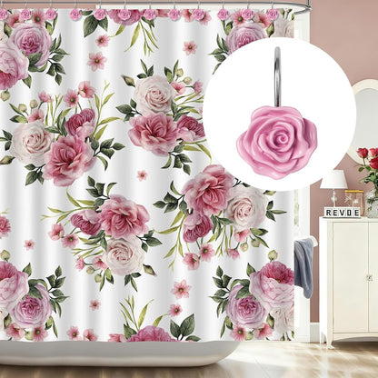 Rose Shower Curtain Hooks, Home Decorative Flower Shower Curtain Rings for Bathroom, Resin, Pink Floral Shower Curtain Hanger Hooks for Living Room, Set of 12