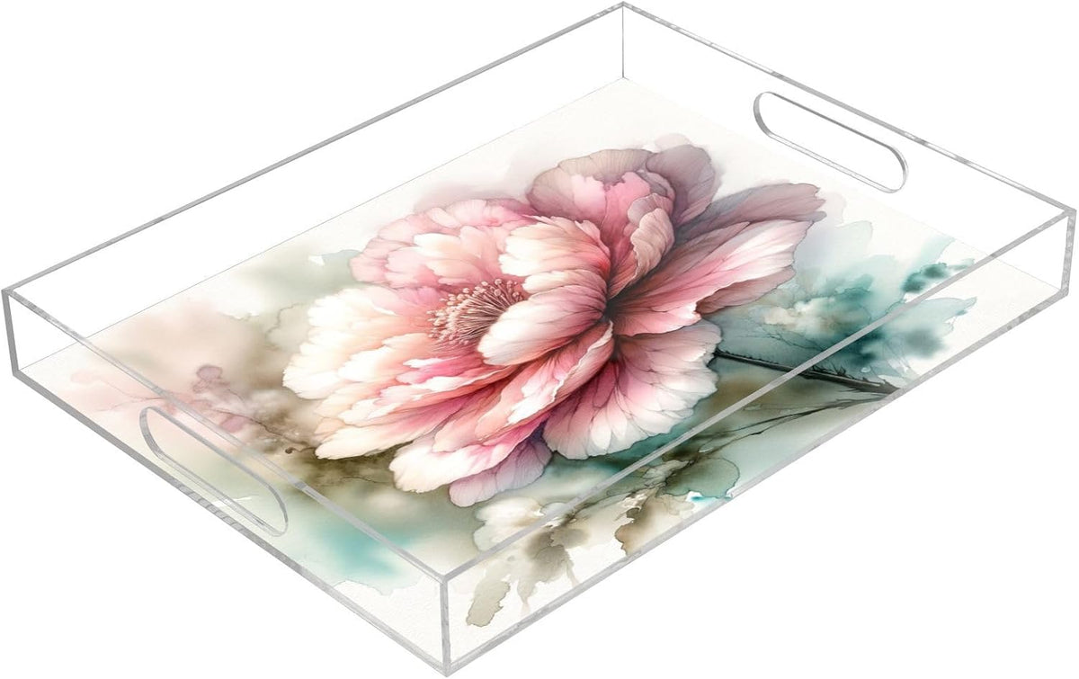 Pink Flowers Serving Tray 12" x 16" Acrylic Trays with Handles Decorative Serving Platter for Coffee, Breakfast in Bed, Dinner, Appetizers, Patio, Party