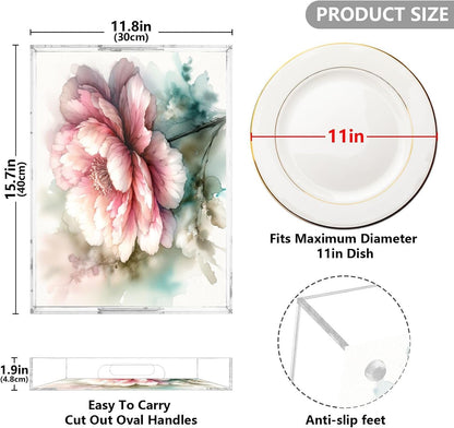Pink Flowers Serving Tray 12" x 16" Acrylic Trays with Handles Decorative Serving Platter for Coffee, Breakfast in Bed, Dinner, Appetizers, Patio, Party