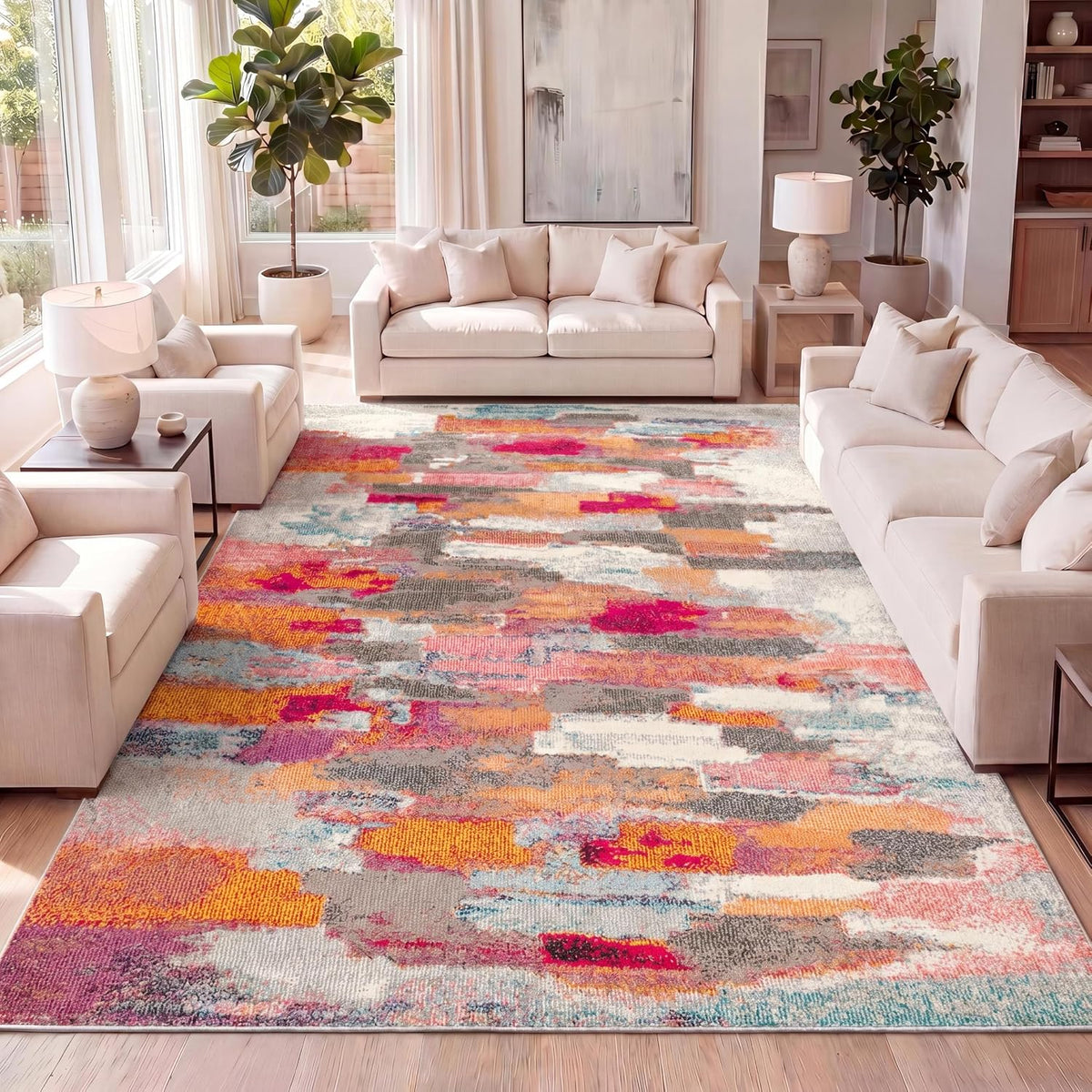 Modern Abstract Brushstroke Ivory/Pink Indoor Area Rug, 3x5, Contemporary POP, Transitional, Easy-Cleaning for Living Room, Bedroom, Kitchen, Pet Friendly, Non-Shedding (CTP101A-3)