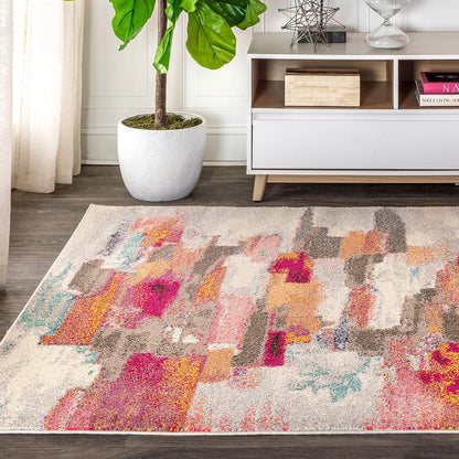 Modern Abstract Brushstroke Ivory/Pink Indoor Area Rug, 3x5, Contemporary POP, Transitional, Easy-Cleaning for Living Room, Bedroom, Kitchen, Pet Friendly, Non-Shedding (CTP101A-3)