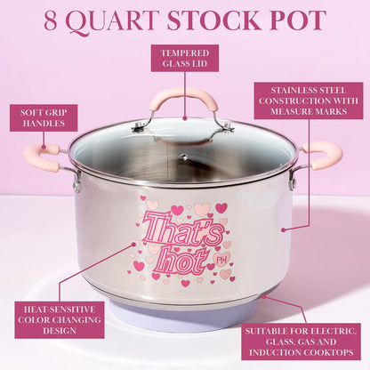 Paris Hilton Stainless Steel Stock Pot with Iconic Color Changing "That's Hot" Heat Indicator Decal, Features Soft Grip Handles and Measure Marks, 8-Quart, Pink