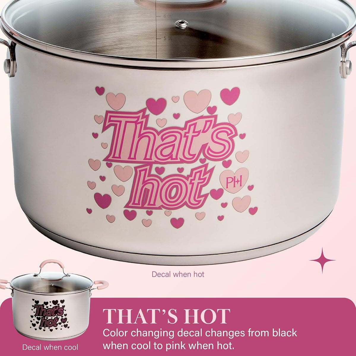 Paris Hilton Stainless Steel Stock Pot with Iconic Color Changing "That's Hot" Heat Indicator Decal, Features Soft Grip Handles and Measure Marks, 8-Quart, Pink