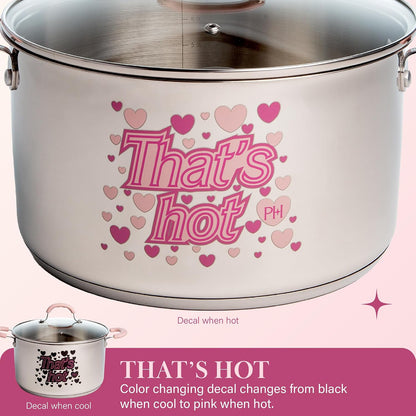 Paris Hilton Stainless Steel Stock Pot with Iconic Color Changing "That's Hot" Heat Indicator Decal, Features Soft Grip Handles and Measure Marks, 8-Quart, Pink