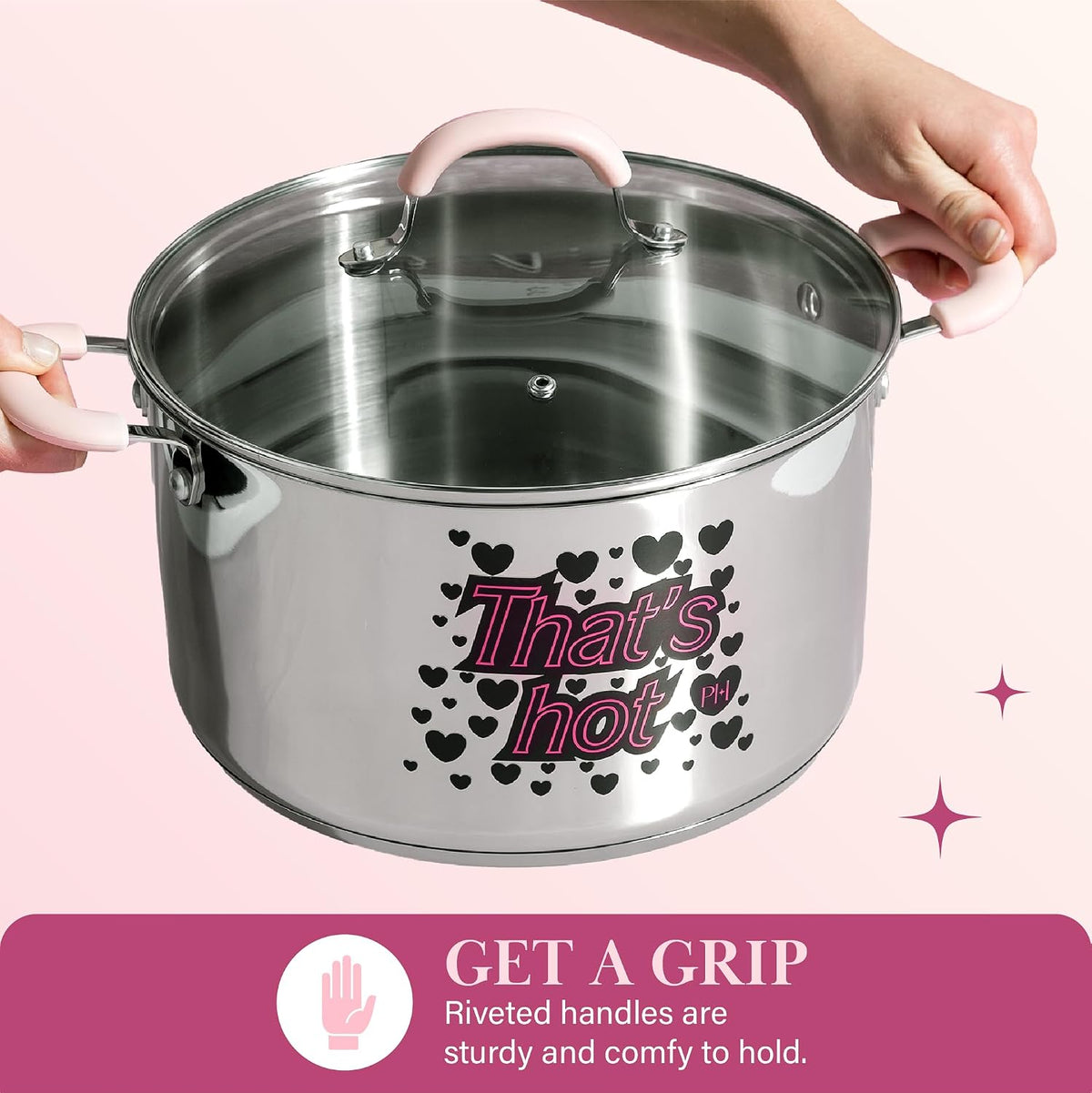 Paris Hilton Stainless Steel Stock Pot with Iconic Color Changing "That's Hot" Heat Indicator Decal, Features Soft Grip Handles and Measure Marks, 8-Quart, Pink