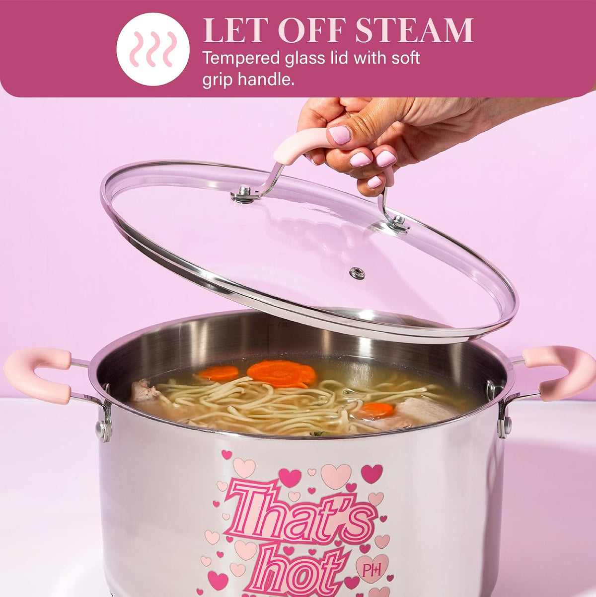 Paris Hilton Stainless Steel Stock Pot with Iconic Color Changing "That's Hot" Heat Indicator Decal, Features Soft Grip Handles and Measure Marks, 8-Quart, Pink