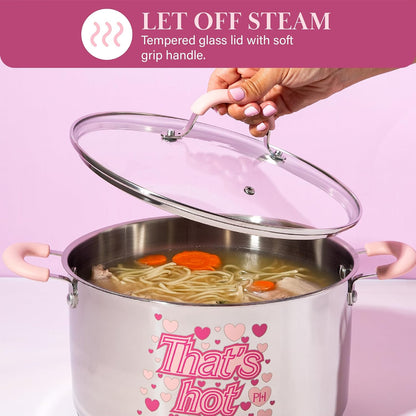 Paris Hilton Stainless Steel Stock Pot with Iconic Color Changing "That's Hot" Heat Indicator Decal, Features Soft Grip Handles and Measure Marks, 8-Quart, Pink