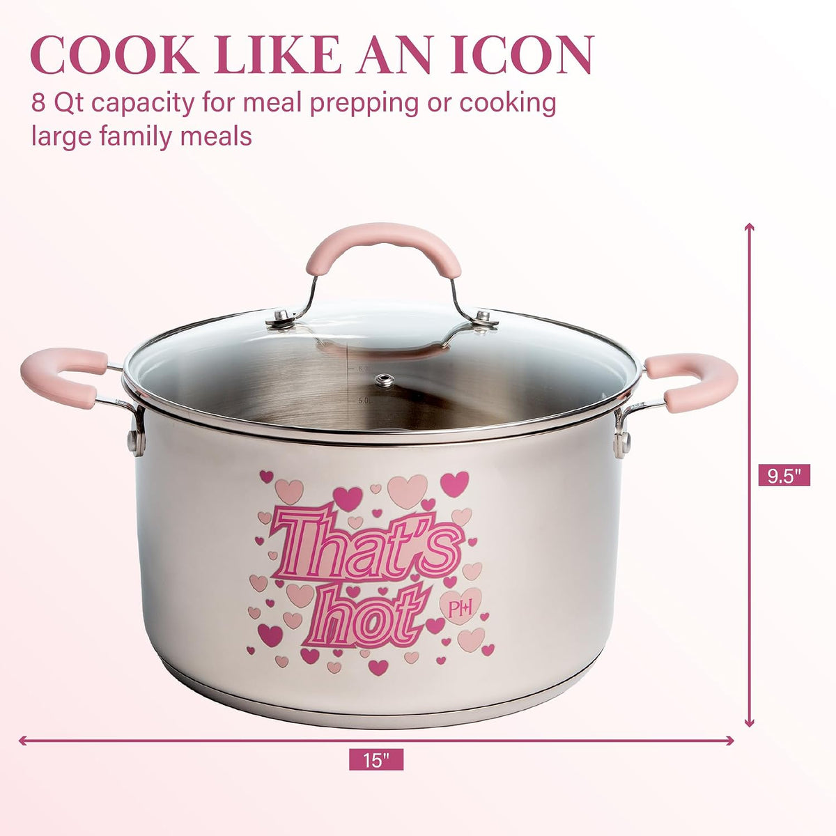 Paris Hilton Stainless Steel Stock Pot with Iconic Color Changing "That's Hot" Heat Indicator Decal, Features Soft Grip Handles and Measure Marks, 8-Quart, Pink