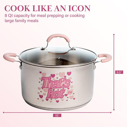 Paris Hilton Stainless Steel Stock Pot with Iconic Color Changing "That's Hot" Heat Indicator Decal, Features Soft Grip Handles and Measure Marks, 8-Quart, Pink
