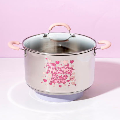 Paris Hilton Stainless Steel Stock Pot with Iconic Color Changing "That's Hot" Heat Indicator Decal, Features Soft Grip Handles and Measure Marks, 8-Quart, Pink