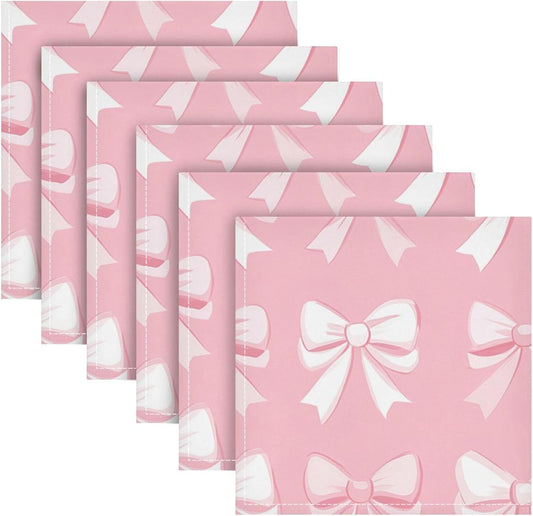 Bows with White on Blush Cloth Napkins Set of 6, Reusable Washable Dinner Table Napkins for Wedding Banquets Party Decor, 20x20 Inch