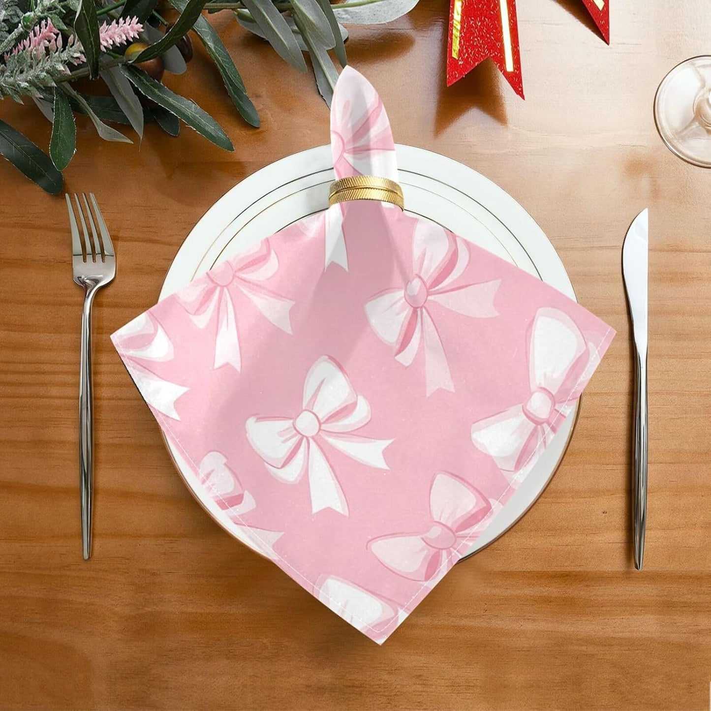 Bows with White on Blush Cloth Napkins Set of 6, Reusable Washable Dinner Table Napkins for Wedding Banquets Party Decor, 20x20 Inch