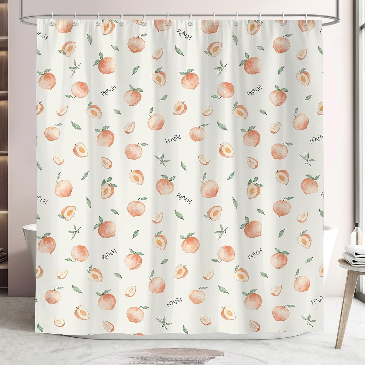 Peach Shower Curtain, Cute Allover Fruits Design 72 x 72 Inch