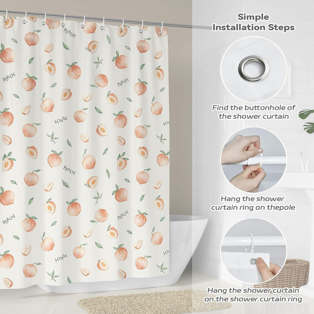 Peach Shower Curtain, Cute Allover Fruits Design 72 x 72 Inch
