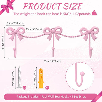 Pink Bow Hooks Bow Wall Hook, 3 Bow Knot Coat Hooks Metal Bowknot Towel Hooks Door Hanger Holder for Wedding Bathroom Bags Coats Hats Coffee Mugs Room Kitchen Decorations (Pink-A)