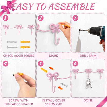 Pink Bow Hooks Bow Wall Hook, 3 Bow Knot Coat Hooks Metal Bowknot Towel Hooks Door Hanger Holder for Wedding Bathroom Bags Coats Hats Coffee Mugs Room Kitchen Decorations (Pink-A)