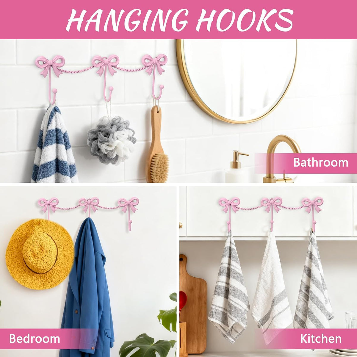 Pink Bow Hooks Bow Wall Hook, 3 Bow Knot Coat Hooks Metal Bowknot Towel Hooks Door Hanger Holder for Wedding Bathroom Bags Coats Hats Coffee Mugs Room Kitchen Decorations (Pink-A)