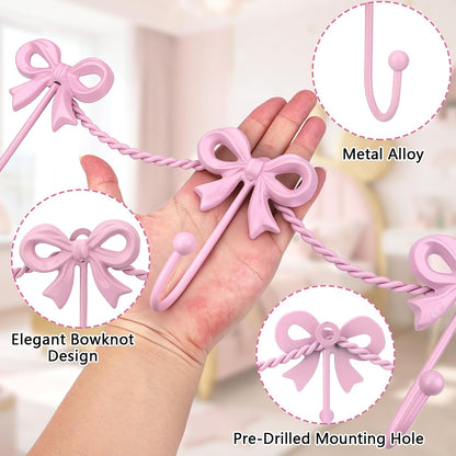Pink Bow Hooks Bow Wall Hook, 3 Bow Knot Coat Hooks Metal Bowknot Towel Hooks Door Hanger Holder for Wedding Bathroom Bags Coats Hats Coffee Mugs Room Kitchen Decorations (Pink-A)