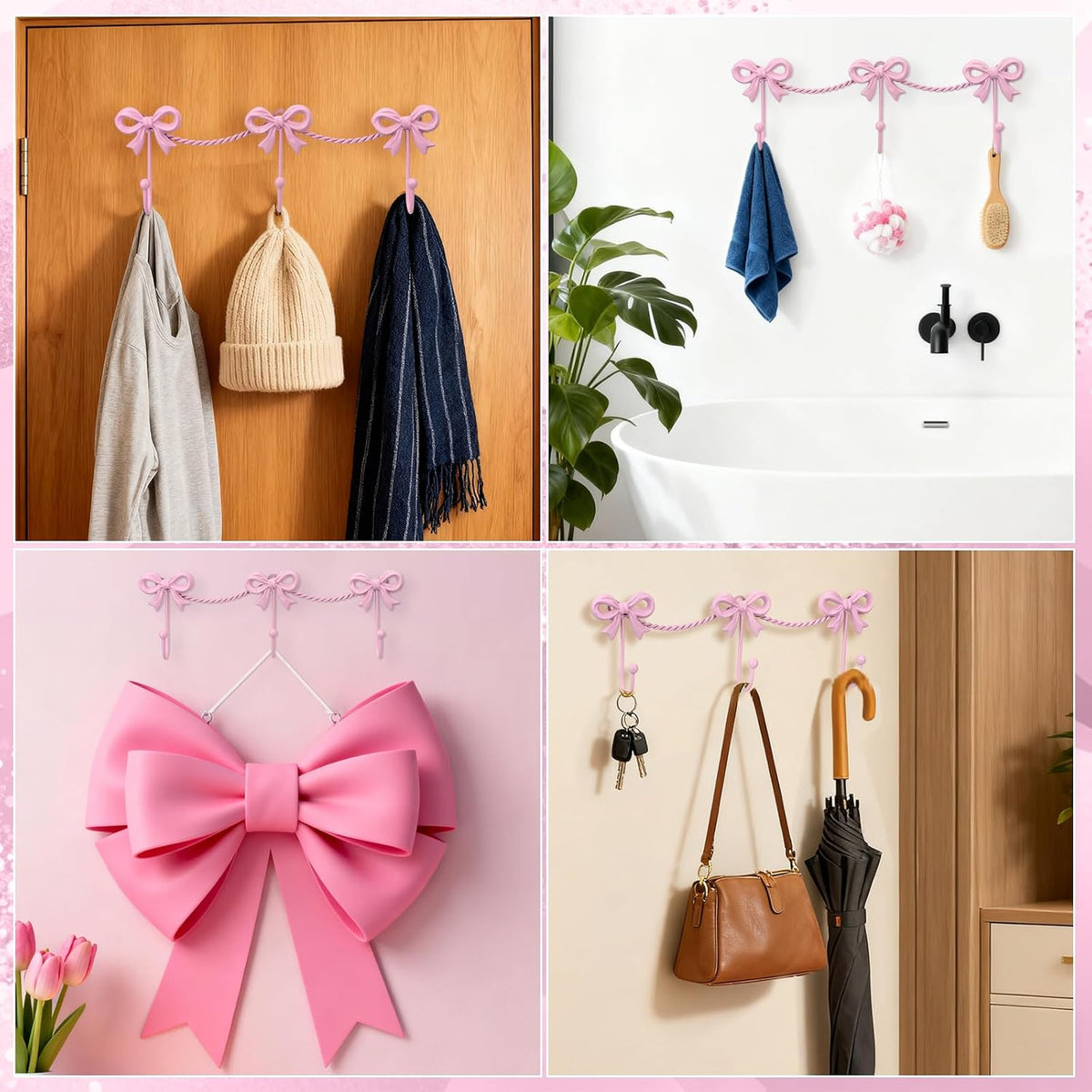 Pink Bow Hooks Bow Wall Hook, 3 Bow Knot Coat Hooks Metal Bowknot Towel Hooks Door Hanger Holder for Wedding Bathroom Bags Coats Hats Coffee Mugs Room Kitchen Decorations (Pink-A)