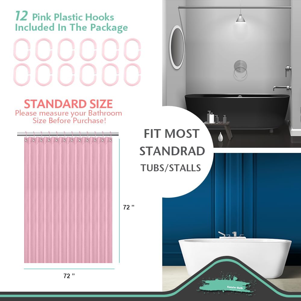 Lady Pink Fabric Shower Curtain or Liner - Waffle Weave Textured Thin Cloth Shower Curtains for Bathroom, Light Weighted Bath Curtain Set with 12 Hooks,72x72, Pink