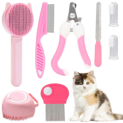 8 Pcs Cat Brush Grooming Kits, Pet Self Cleaning Kit with Pet Nail Clipper and File, Flea Comb, Pet Shampoo Bath Brush, Pet Shedding Brush, Silicone Toothbrush (Pink)