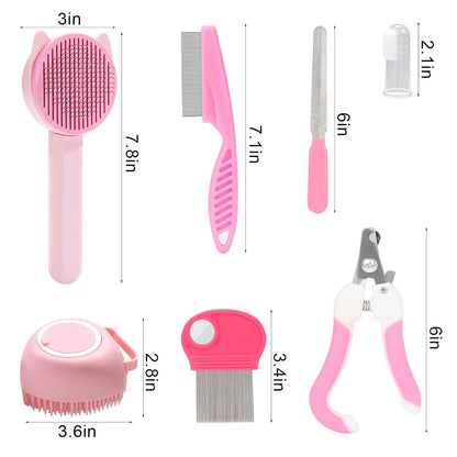 8 Pcs Cat Brush Grooming Kits, Pet Self Cleaning Kit with Pet Nail Clipper and File, Flea Comb, Pet Shampoo Bath Brush, Pet Shedding Brush, Silicone Toothbrush (Pink)