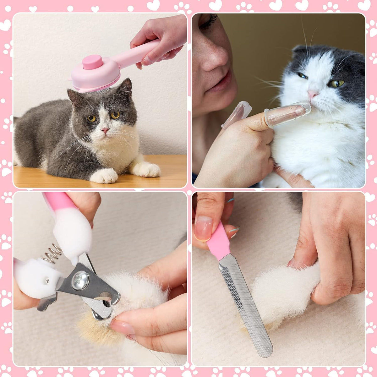 8 Pcs Cat Brush Grooming Kits, Pet Self Cleaning Kit with Pet Nail Clipper and File, Flea Comb, Pet Shampoo Bath Brush, Pet Shedding Brush, Silicone Toothbrush (Pink)