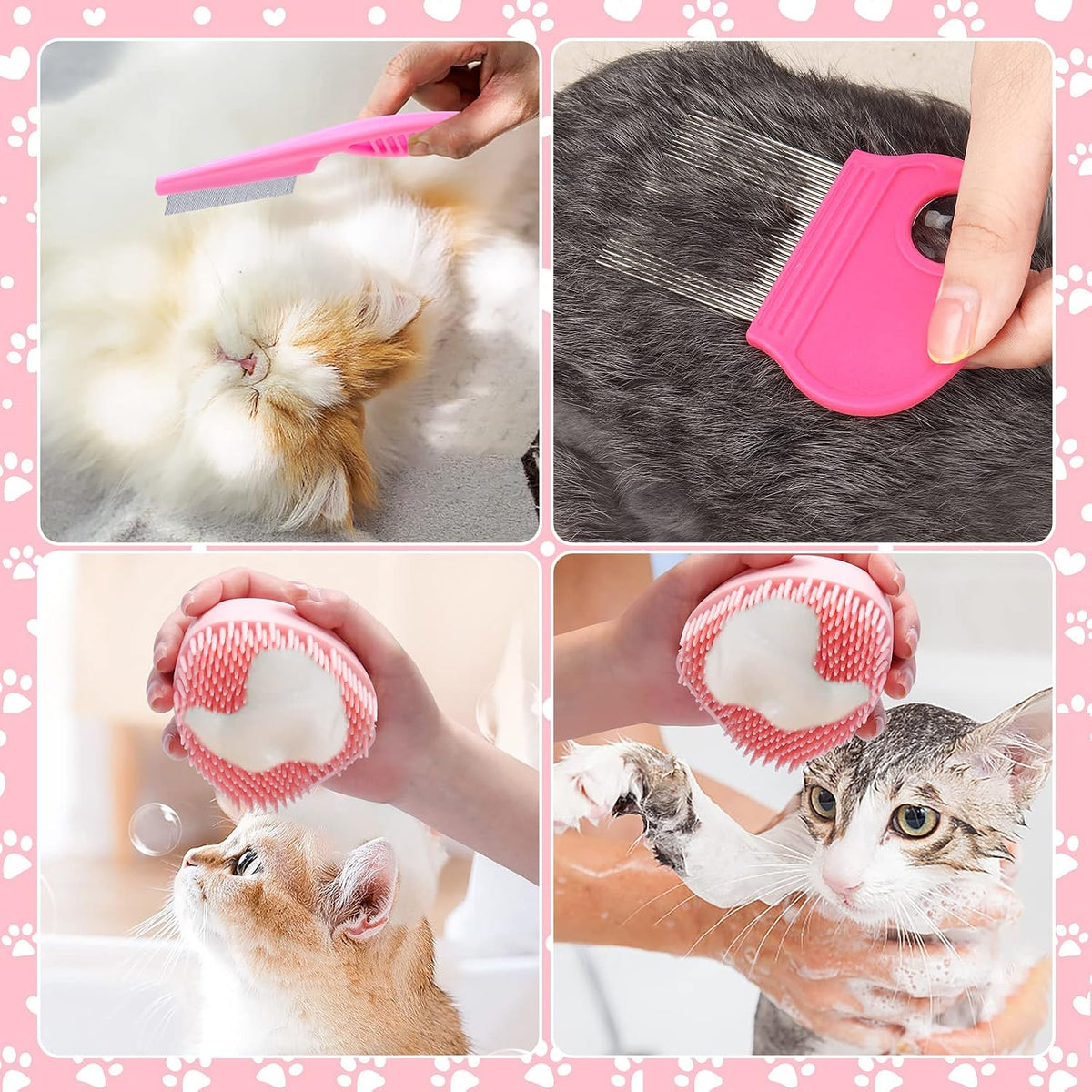 8 Pcs Cat Brush Grooming Kits, Pet Self Cleaning Kit with Pet Nail Clipper and File, Flea Comb, Pet Shampoo Bath Brush, Pet Shedding Brush, Silicone Toothbrush (Pink)