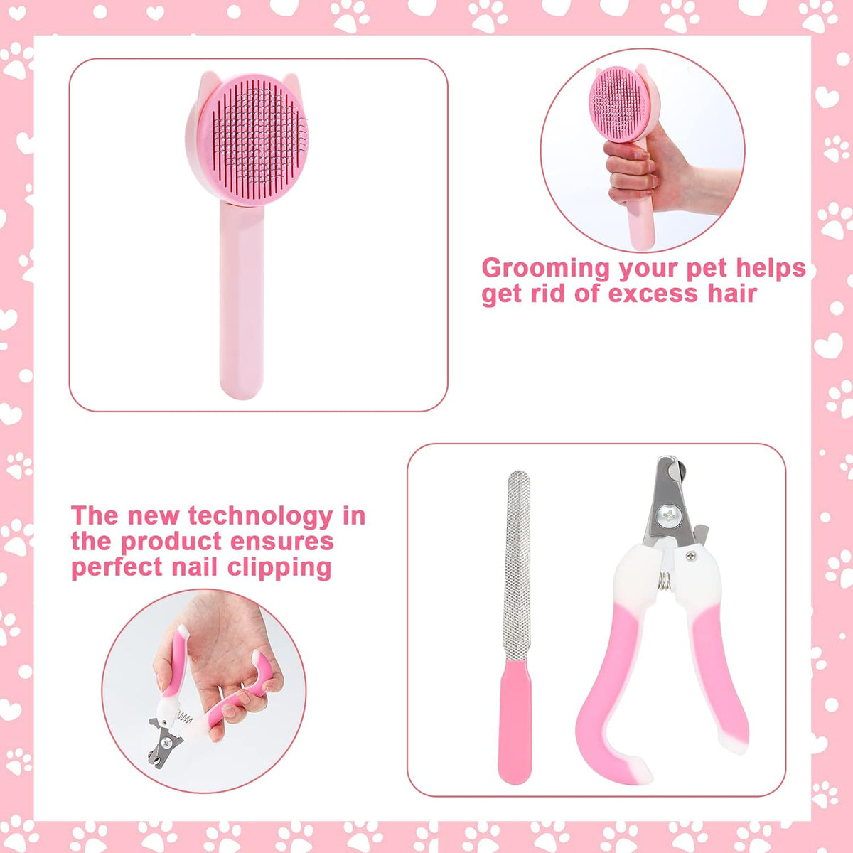 8 Pcs Cat Brush Grooming Kits, Pet Self Cleaning Kit with Pet Nail Clipper and File, Flea Comb, Pet Shampoo Bath Brush, Pet Shedding Brush, Silicone Toothbrush (Pink)