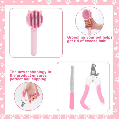 8 Pcs Cat Brush Grooming Kits, Pet Self Cleaning Kit with Pet Nail Clipper and File, Flea Comb, Pet Shampoo Bath Brush, Pet Shedding Brush, Silicone Toothbrush (Pink)