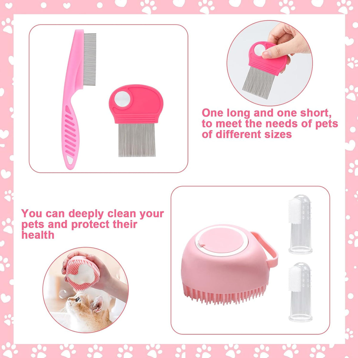8 Pcs Cat Brush Grooming Kits, Pet Self Cleaning Kit with Pet Nail Clipper and File, Flea Comb, Pet Shampoo Bath Brush, Pet Shedding Brush, Silicone Toothbrush (Pink)