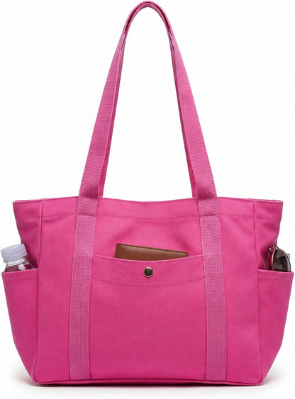 Medium Canvas Tote Bag with Zipper & Multi-Pocket, Heavy Duty Reusable Canvas Purse for Women Men Work Handbag
