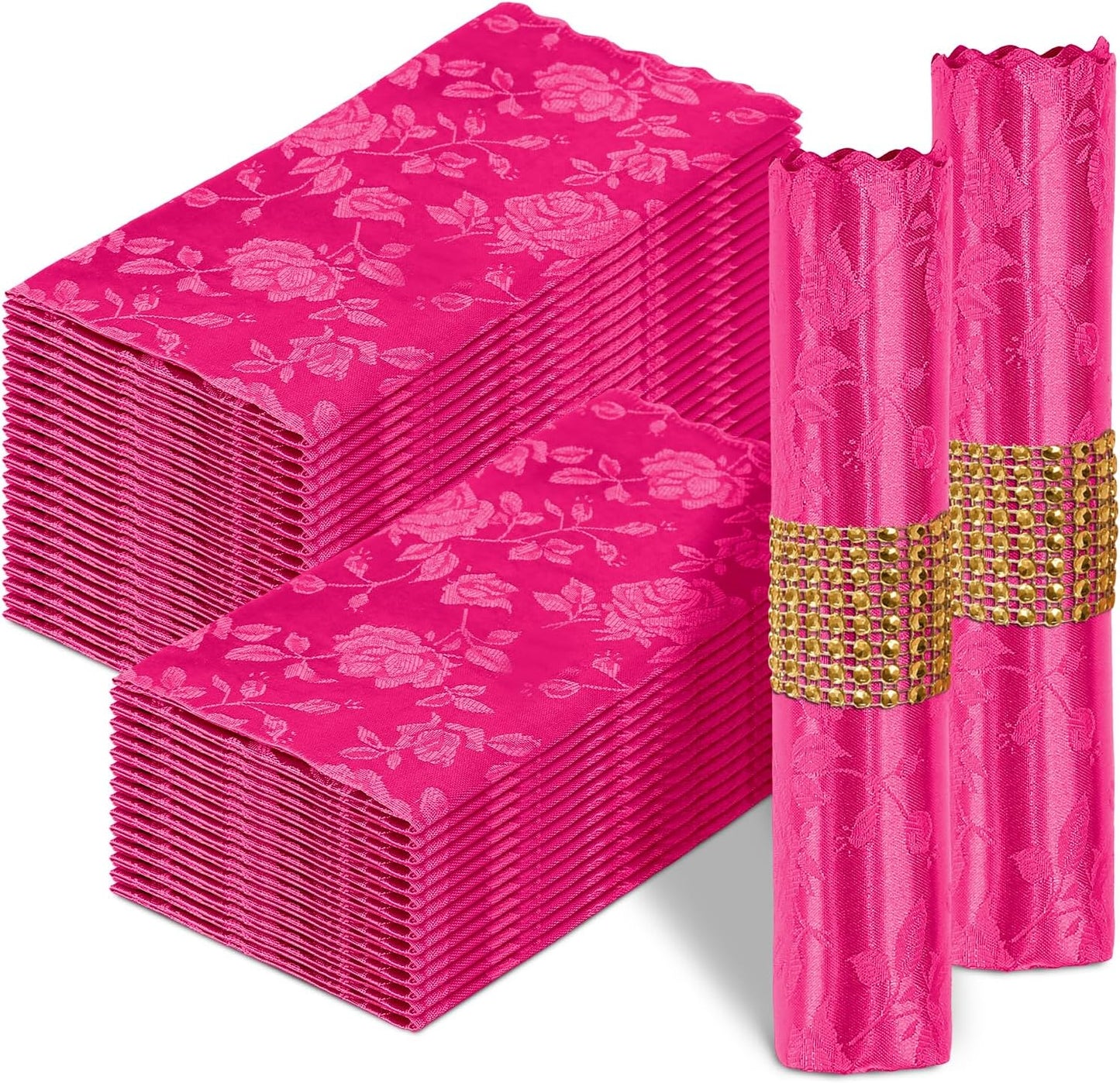 Homiest Jacquard Satin Napkins - 12 Pack Scalloped Square Satin Dinner Napkins for Wedding and Party (Flower, Hot Pink), 17x17 Inches