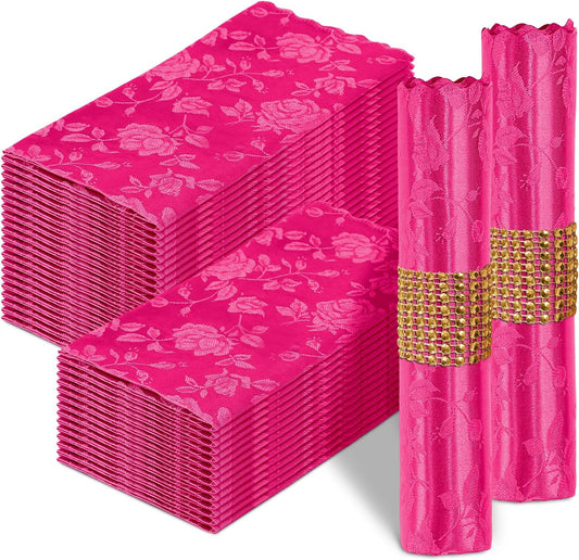 Homiest Jacquard Satin Napkins - 12 Pack Scalloped Square Satin Dinner Napkins for Wedding and Party (Flower, Hot Pink), 17x17 Inches