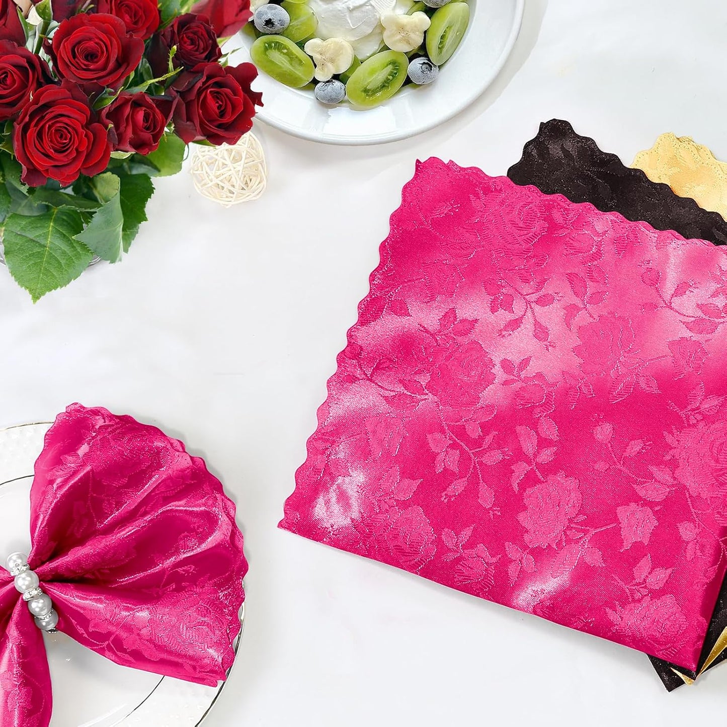 Homiest Jacquard Satin Napkins - 12 Pack Scalloped Square Satin Dinner Napkins for Wedding and Party (Flower, Hot Pink), 17x17 Inches