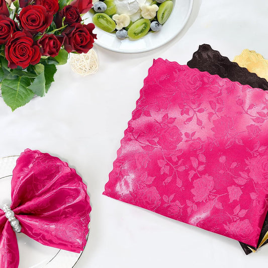 Homiest Jacquard Satin Napkins - 12 Pack Scalloped Square Satin Dinner Napkins for Wedding and Party (Flower, Hot Pink), 17x17 Inches