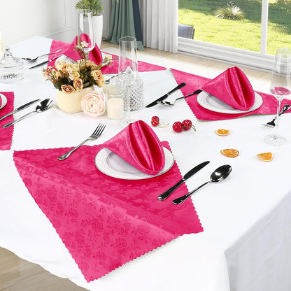 Homiest Jacquard Satin Napkins - 12 Pack Scalloped Square Satin Dinner Napkins for Wedding and Party (Flower, Hot Pink), 17x17 Inches