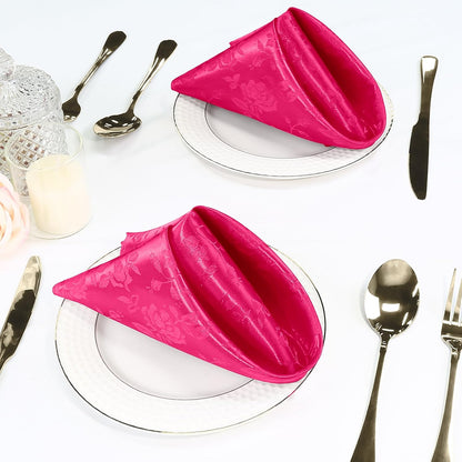 Homiest Jacquard Satin Napkins - 12 Pack Scalloped Square Satin Dinner Napkins for Wedding and Party (Flower, Hot Pink), 17x17 Inches
