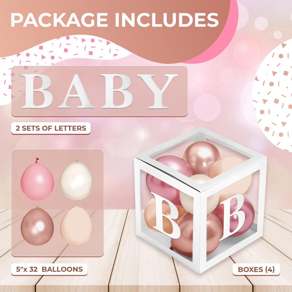 44-Pc Baby Shower Boxes & Balloons, Gender Reveal - Dusty Pink, Sand & Nude