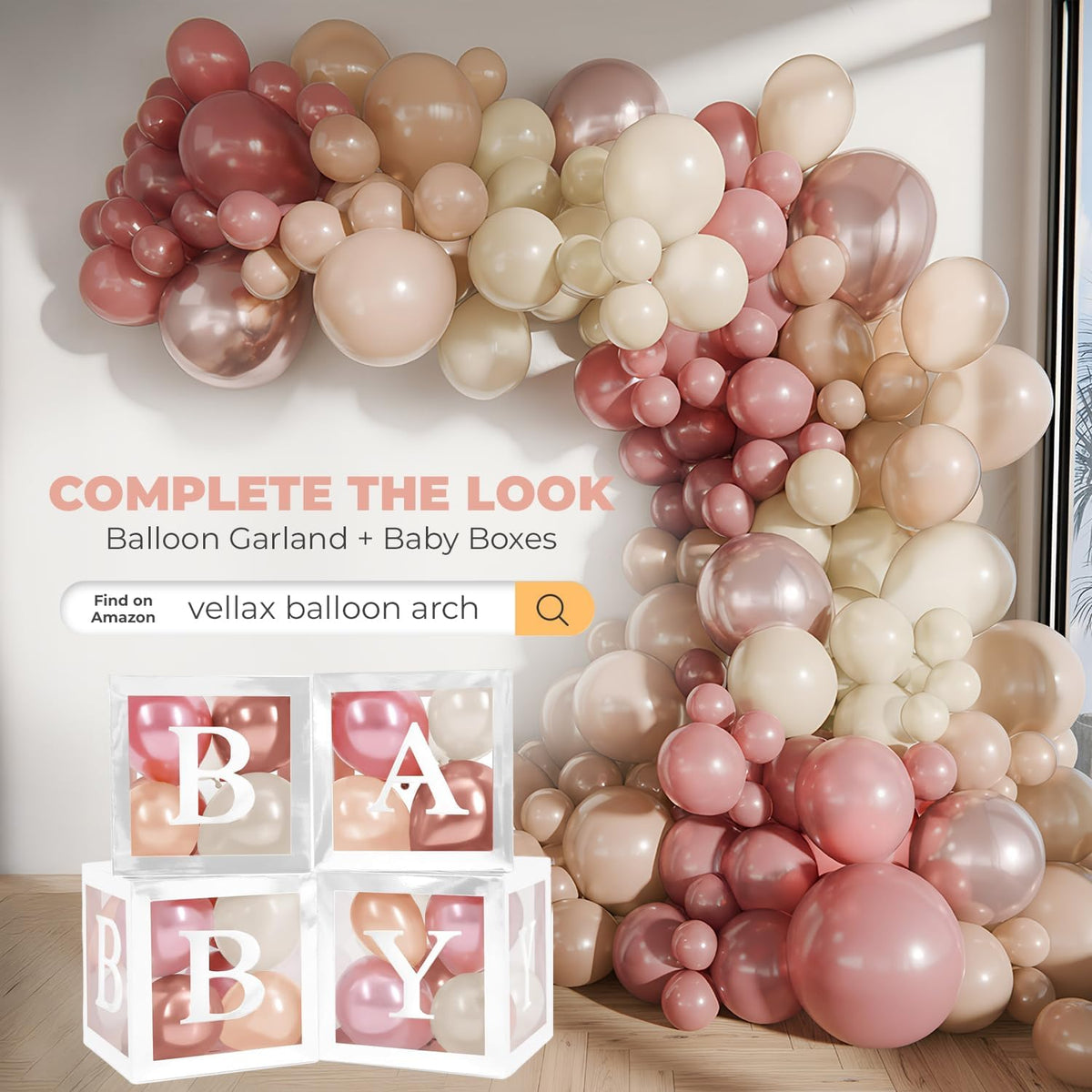 44-Pc Baby Shower Boxes & Balloons, Gender Reveal - Dusty Pink, Sand & Nude