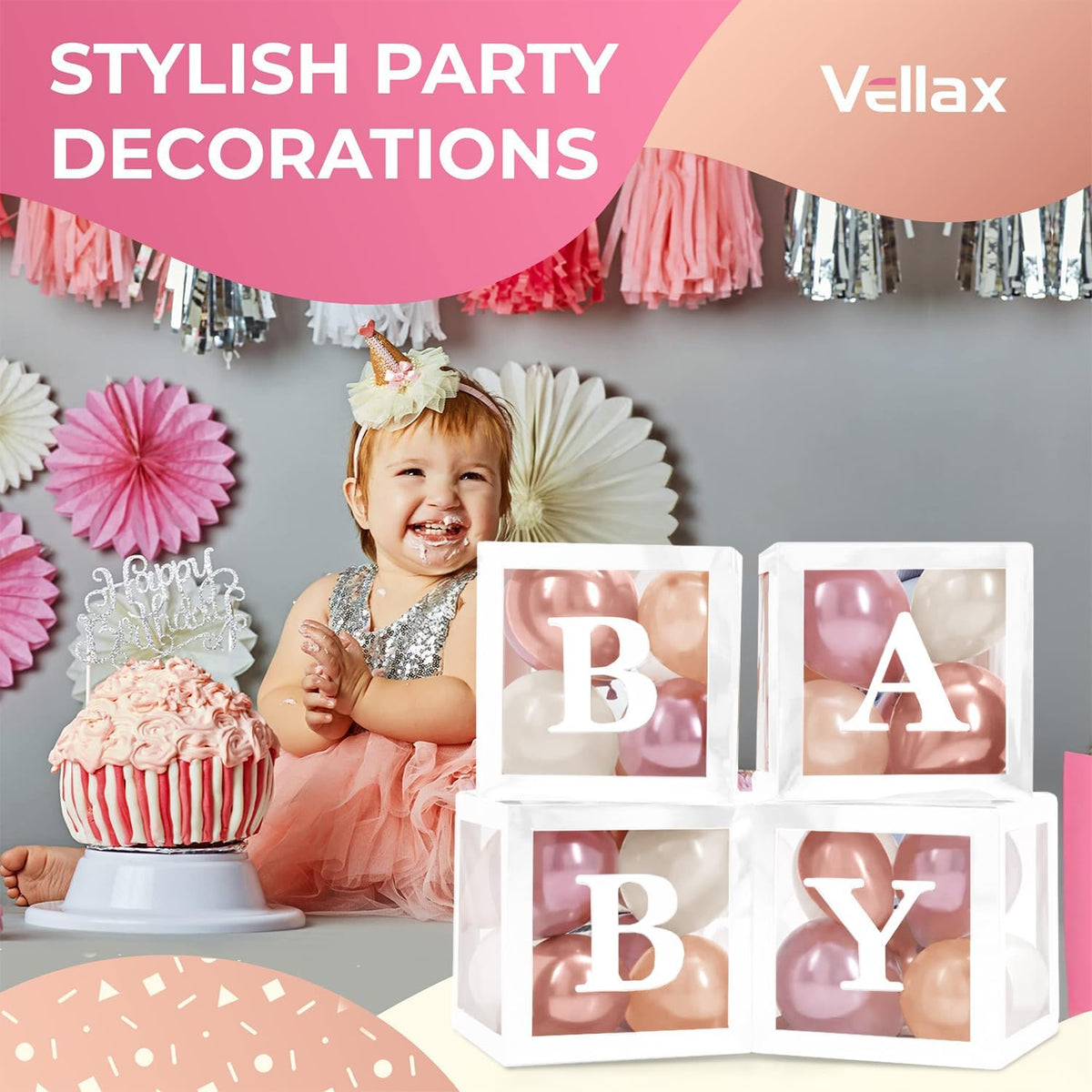44-Pc Baby Shower Boxes & Balloons, Gender Reveal - Dusty Pink, Sand & Nude