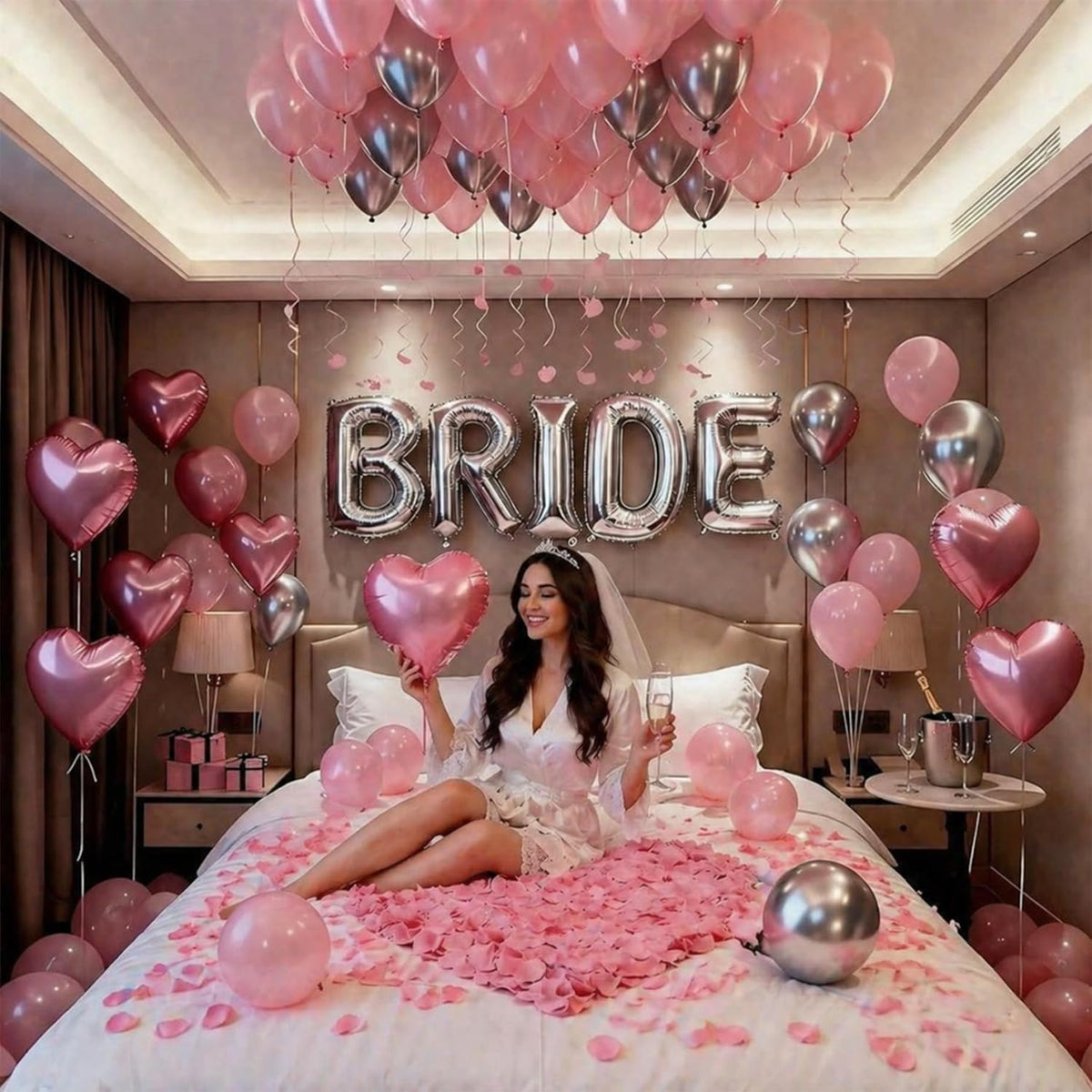 Bride Room Decor Bachelorette, Pink Rose Petals Bride Decorations for Wedding Day and Bachelorette Party Supplies