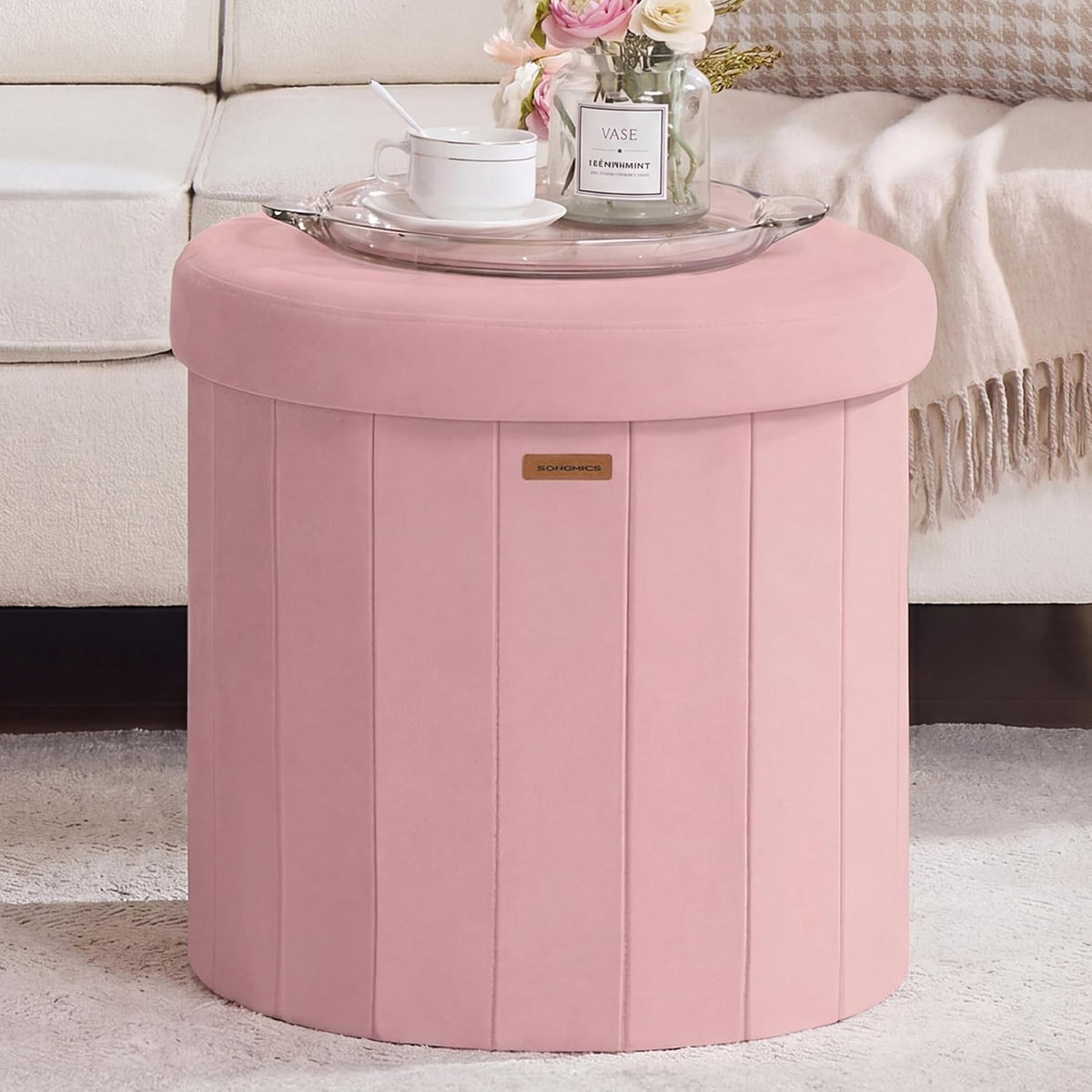 SONGMICS Storage Ottoman Round Velvet Vanity Stool, 18.5 x 18.5 x 17.7 Inch