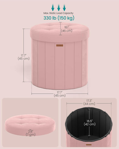 SONGMICS Storage Ottoman Round Velvet Vanity Stool, 18.5 x 18.5 x 17.7 Inch