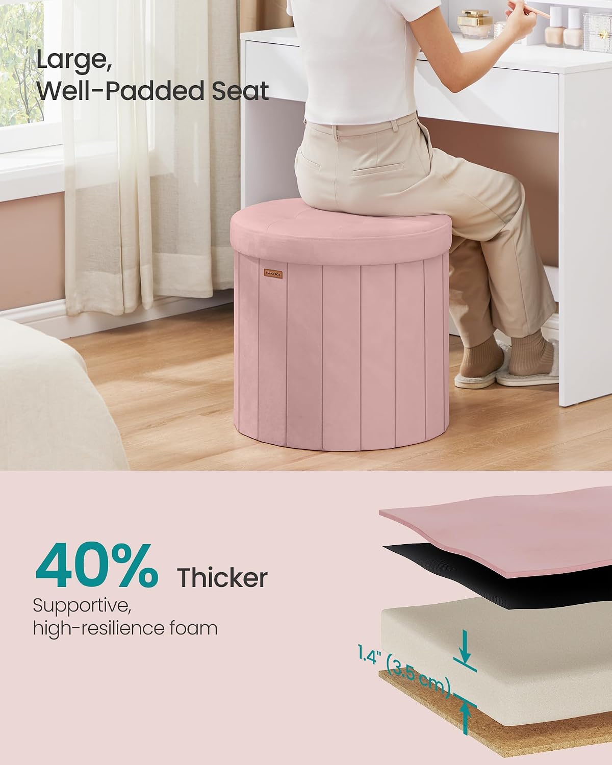 SONGMICS Storage Ottoman Round Velvet Vanity Stool, 18.5 x 18.5 x 17.7 Inch