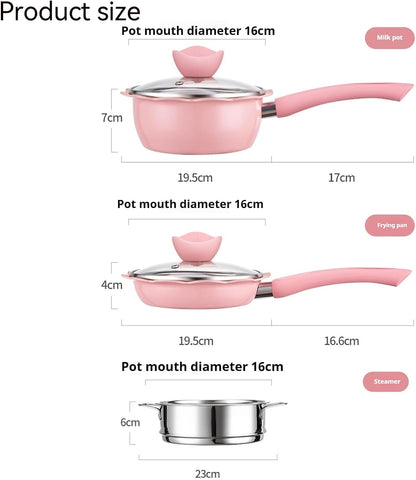 Milk Soup Pot, Non Stick Multifunctional Frying Pan, Saucepan Set, Sauce Pan with Lid Steaming Basket Food Steamer Steamer Pot Nonstick Small Sauce Pan Milk Soup Pan for Home Kitchen Restaurant,Pink